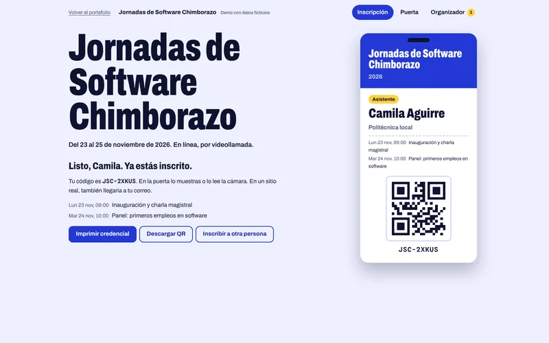 Sistema de inscripciones: título del evento en tipografía condensada y credencial con código QR, nombre y sesiones elegidas