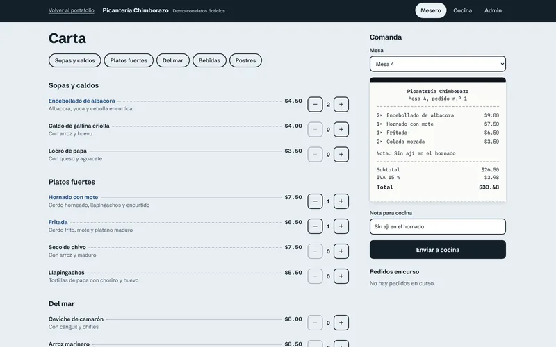 Panel POS: carta de platos ecuatorianos a la izquierda y la comanda como ticket térmico con subtotal, IVA y total a la derecha