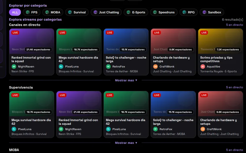 Clon de Twitch: filtros por categoría y tarjetas de transmisiones en vivo con canales ficticios